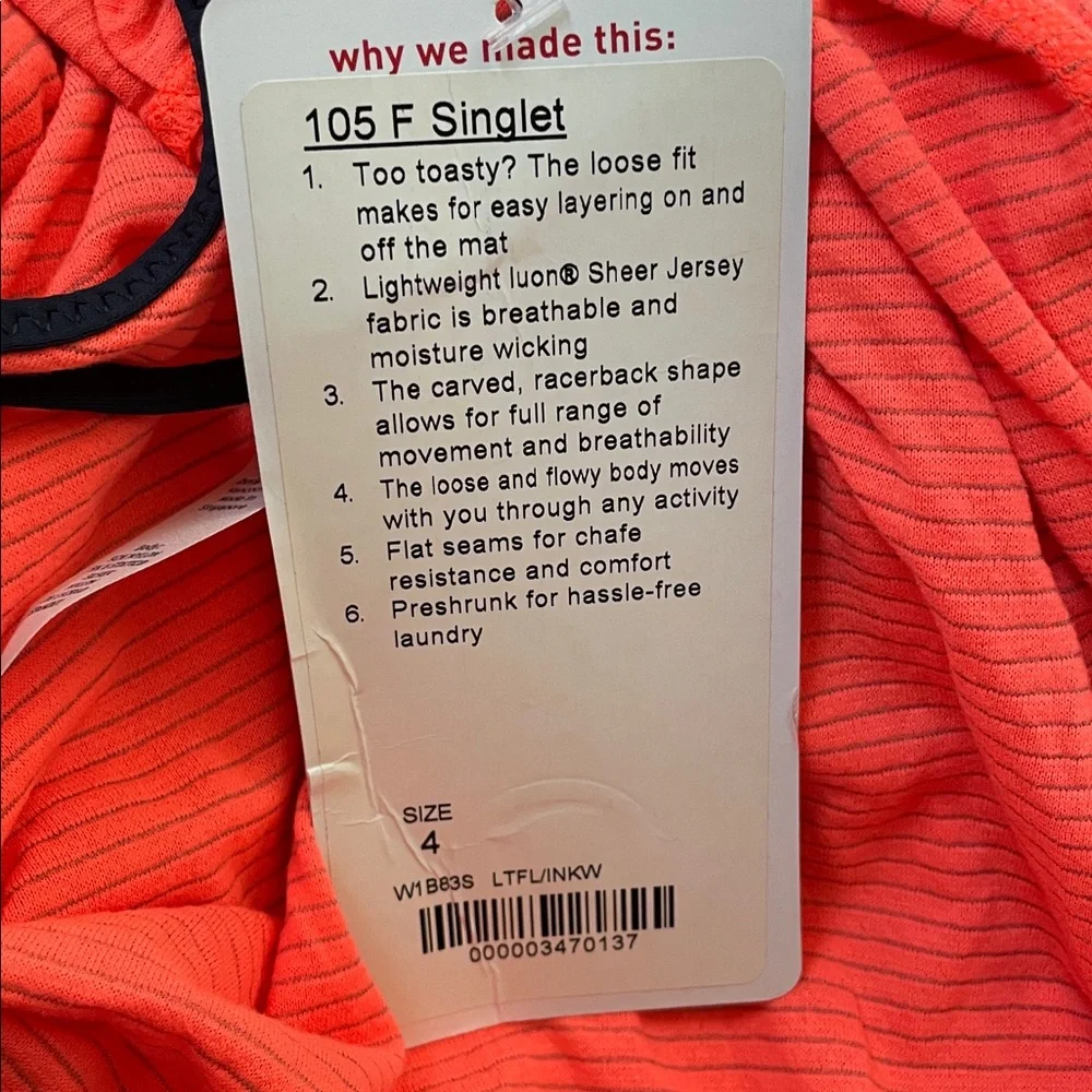 Lululemon 105 F Singlet Neon Orange Racerback Tank Top size 4
